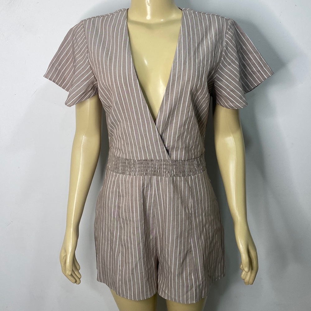 Privacy Please Tan Striped Romper/jumpsuit Large